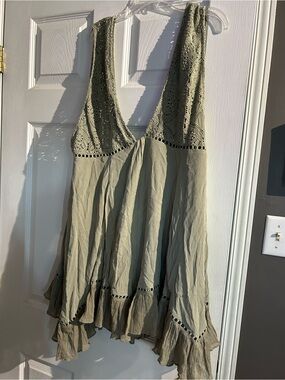 Vintage Free People Olive Green Crochet-Detail Mini Dress